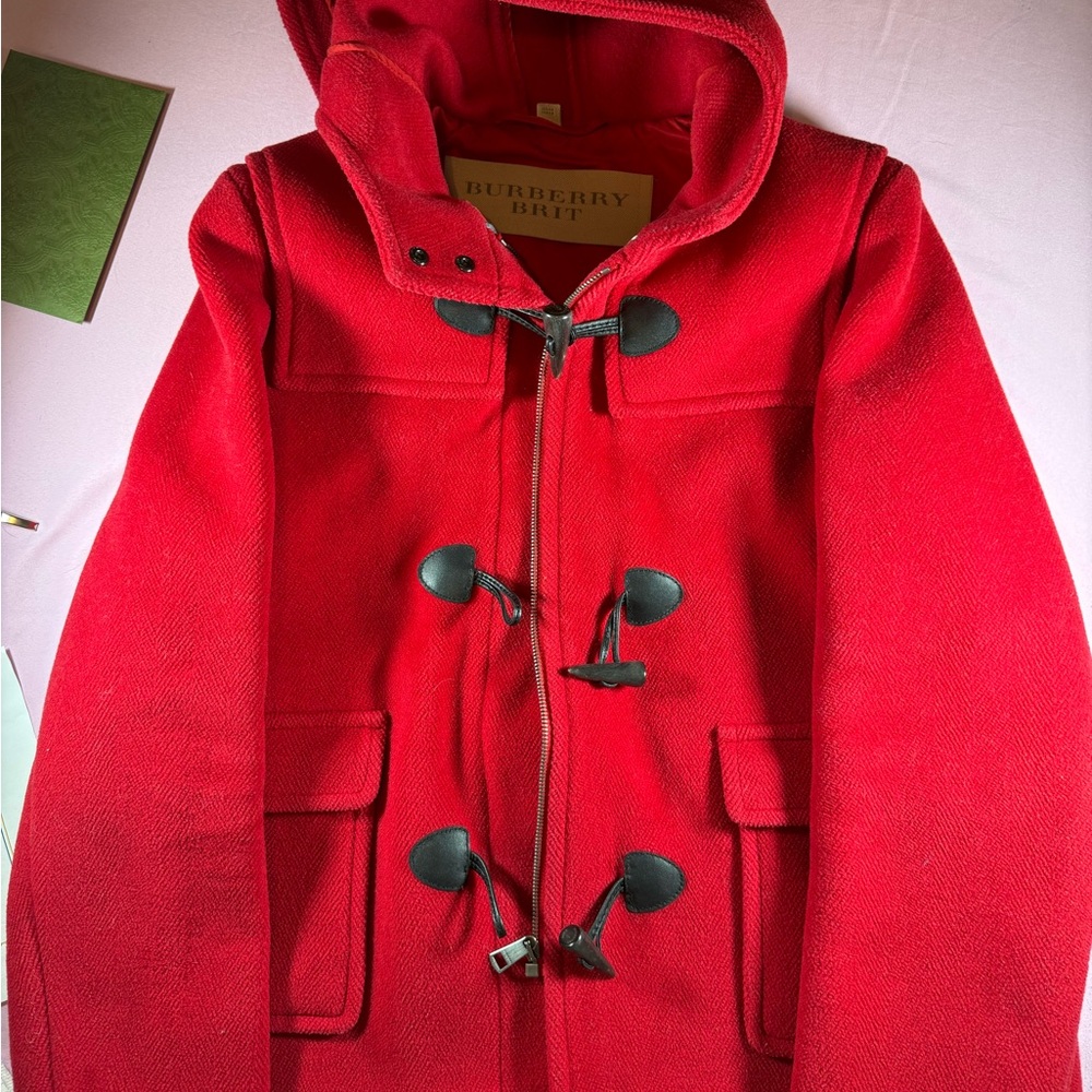 Burberry Red Pea Coat with Black Accents
